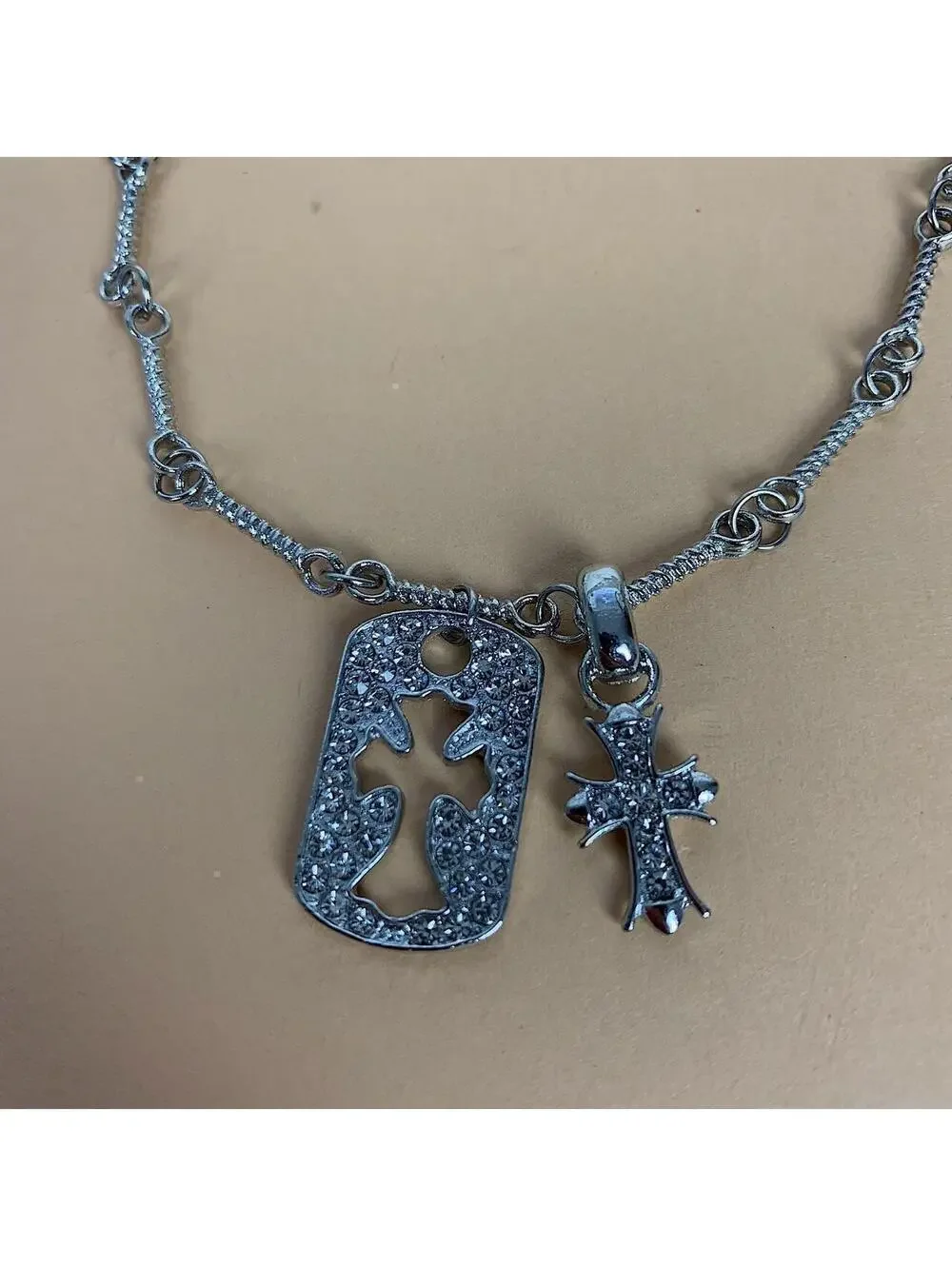 silver cross rhinestone dog tag pendant Necklace. Stainless steel Rhinestone
